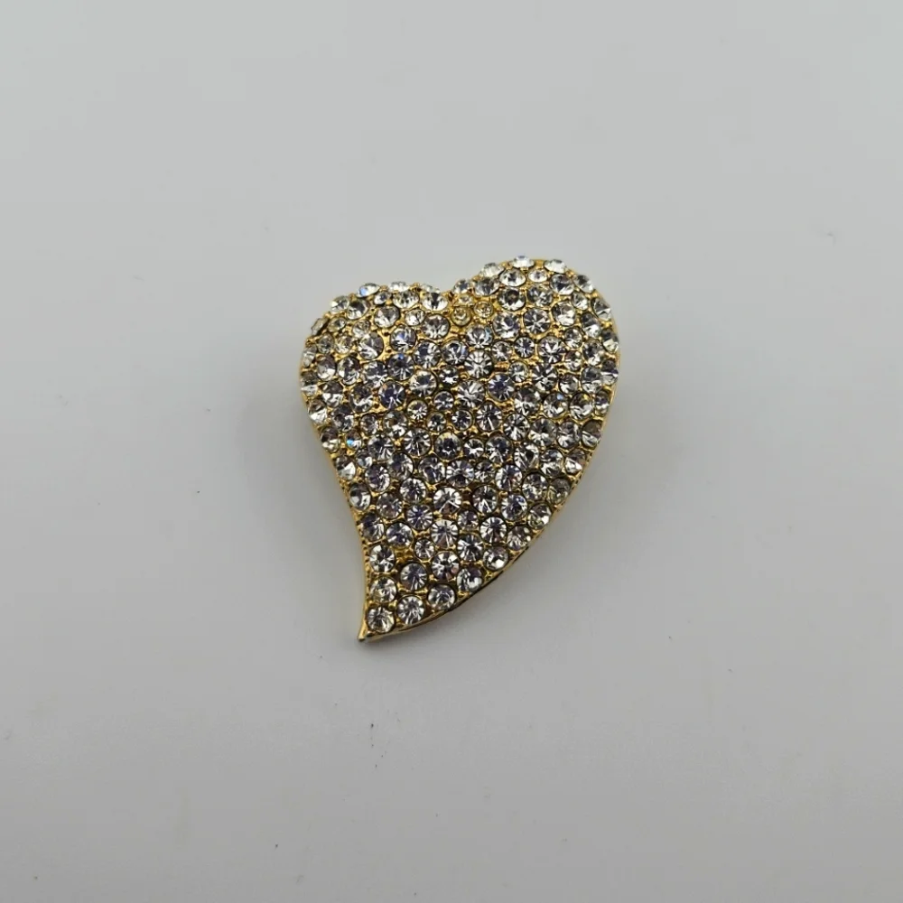 Vintage Stylized Heart Brooch Pin Clear Pave Rhinestones Gold Tone